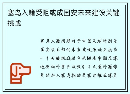塞鸟入籍受阻或成国安未来建设关键挑战